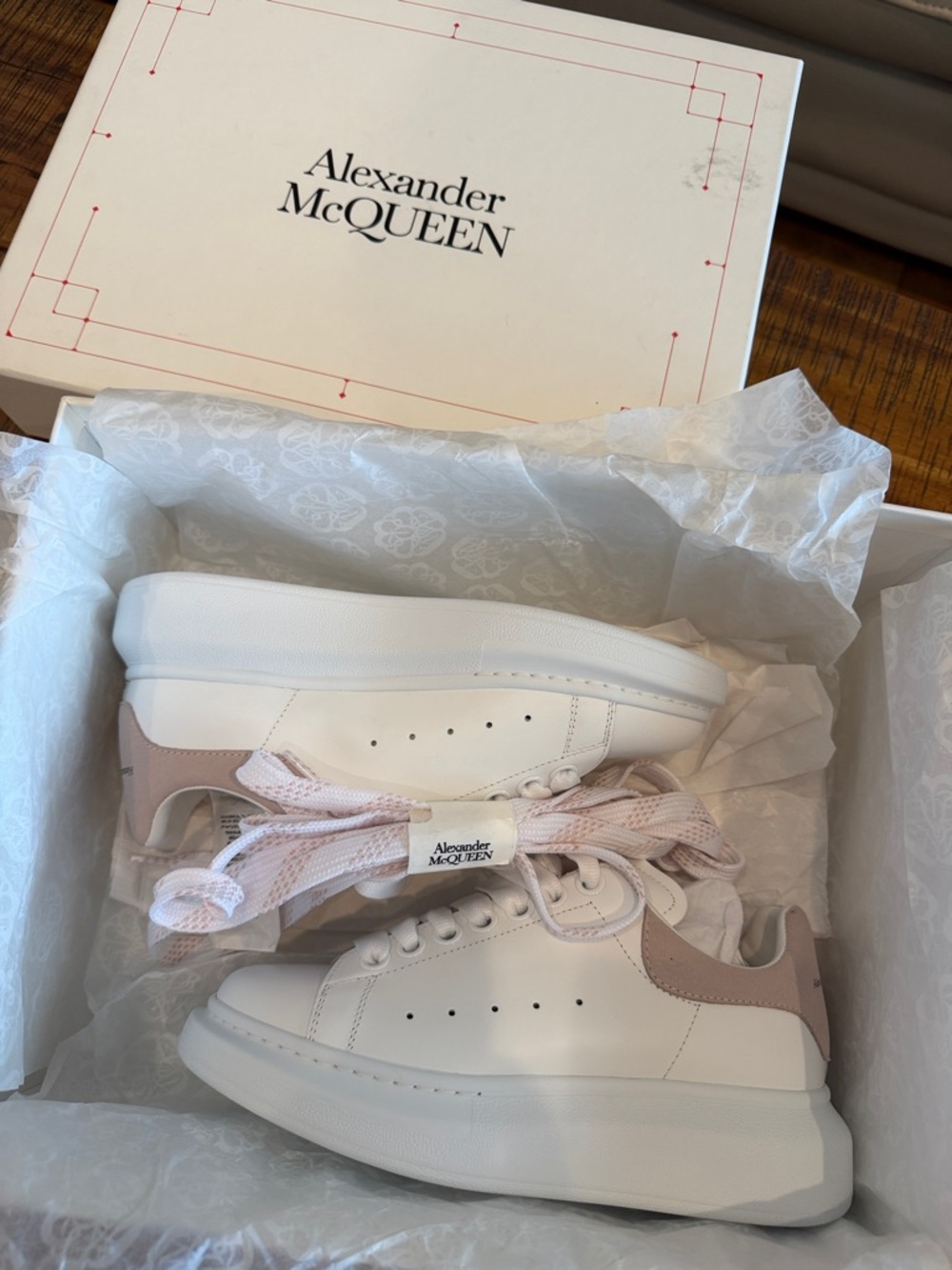 Alexander McQueen White Leather Sneakers with Blush Heel Tab